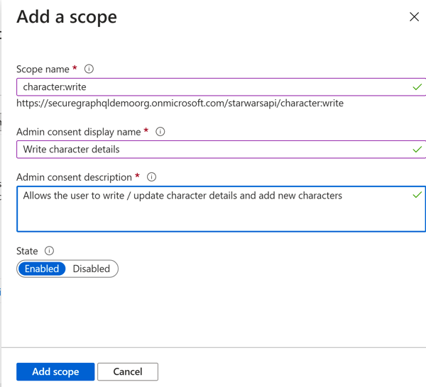 Azure Portal - Character Write Scope