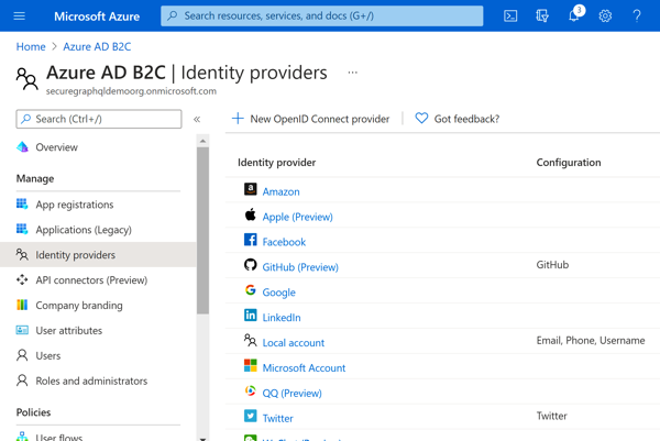 Azure Portal - Enabled Identity Providers