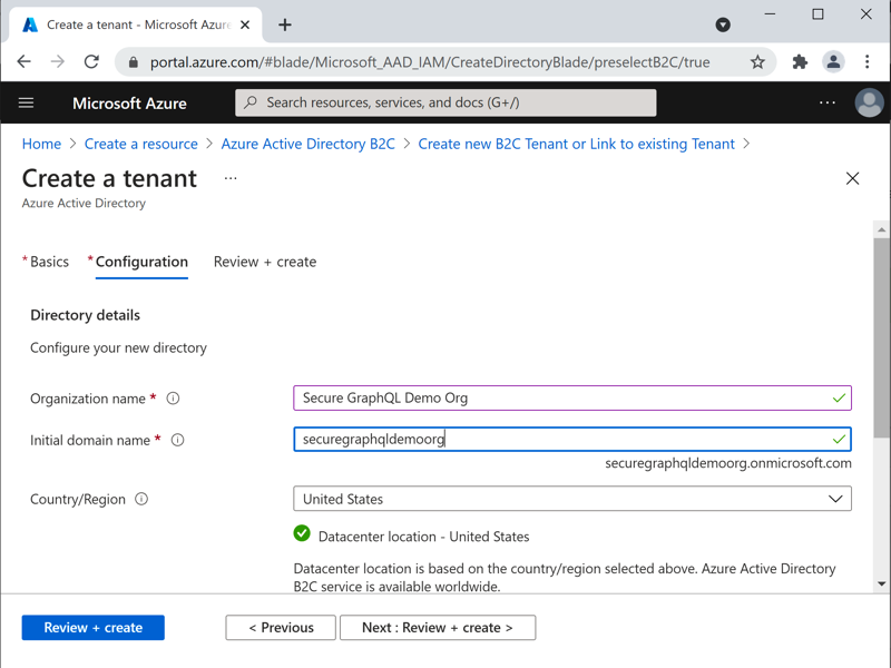 Azure Portal - New B2C Tenant Organization