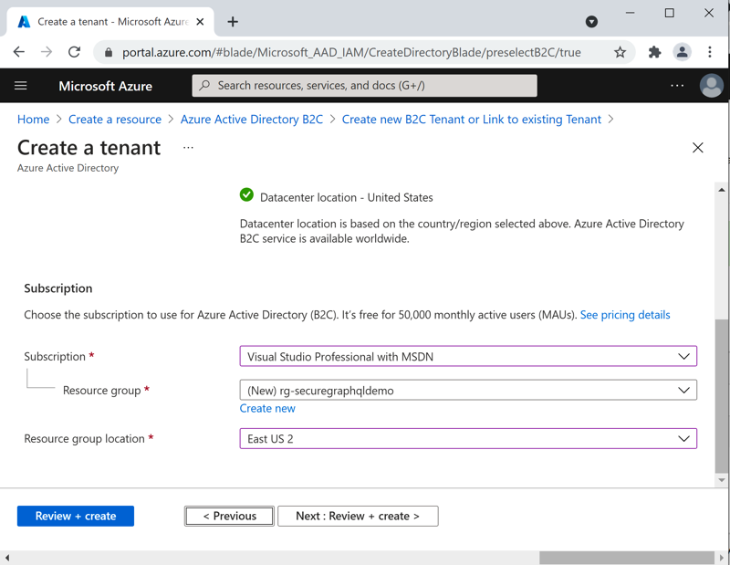 Azure Portal - New B2C Tenant Subscription