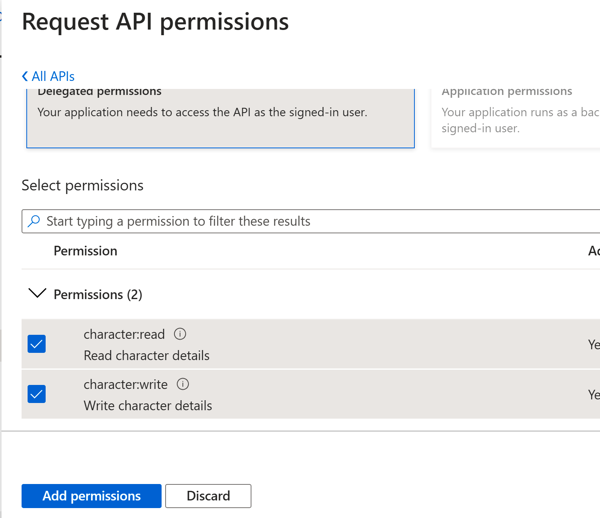 Azure Portal - Select Permission(s)