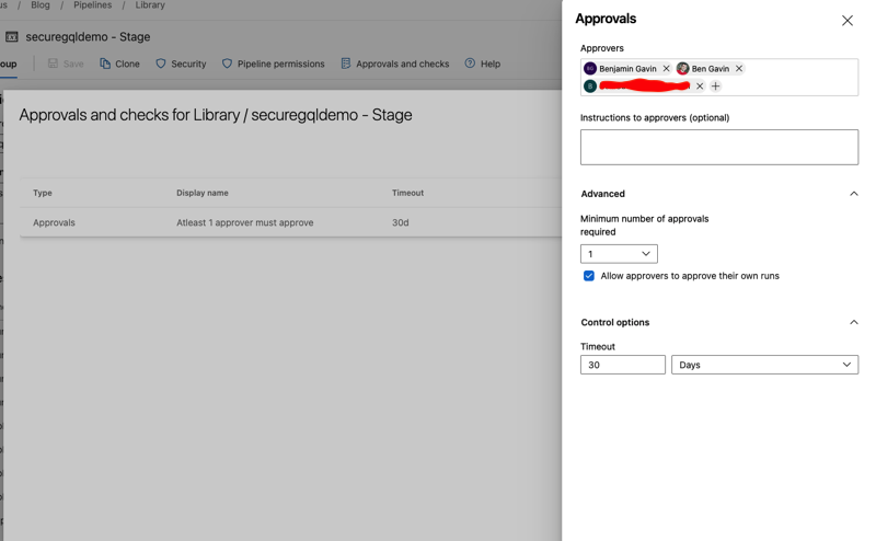 DevOps - Pipelines - Library - securegqldemo - Stage - Approvals and checks