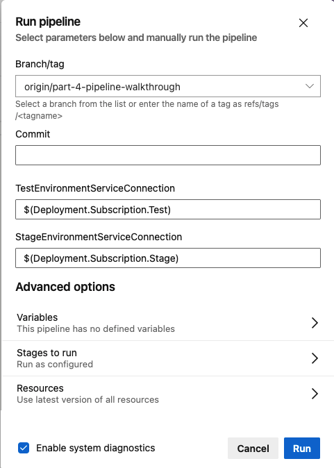 DevOps - Pipelines - Run Pipeline - Run Dialog